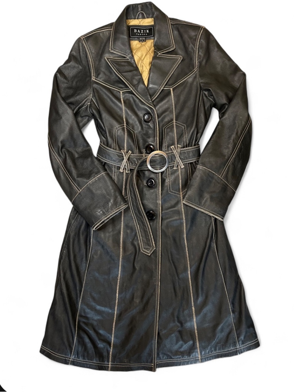 Vintage Y2K Basik size S faux Black Leather Trench Coat with Belt